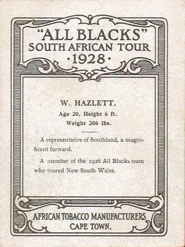 1928 African Tobacco Manufacturers All Blacks South African Tour #NNO Bill Hazlett Back